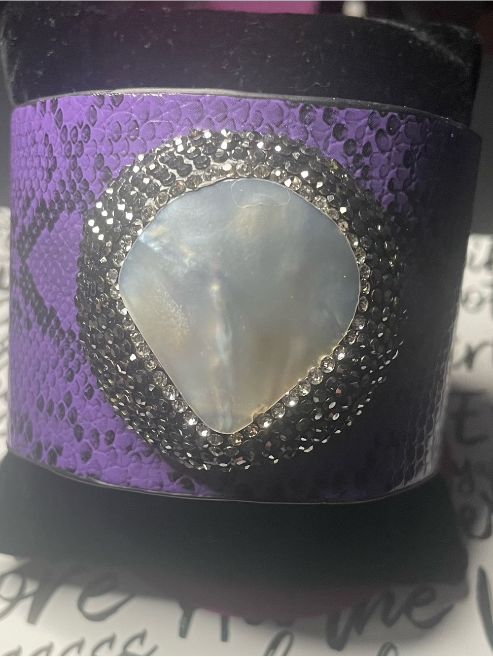 Sassy Jones Purple Snakeskin Cuff Bracelet with Mother-of-Pearl like stone.